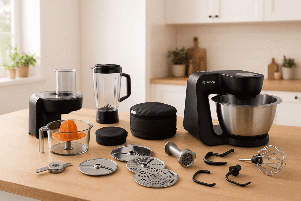 Bosch MUM5935B met verschillende accessoires uitgestald