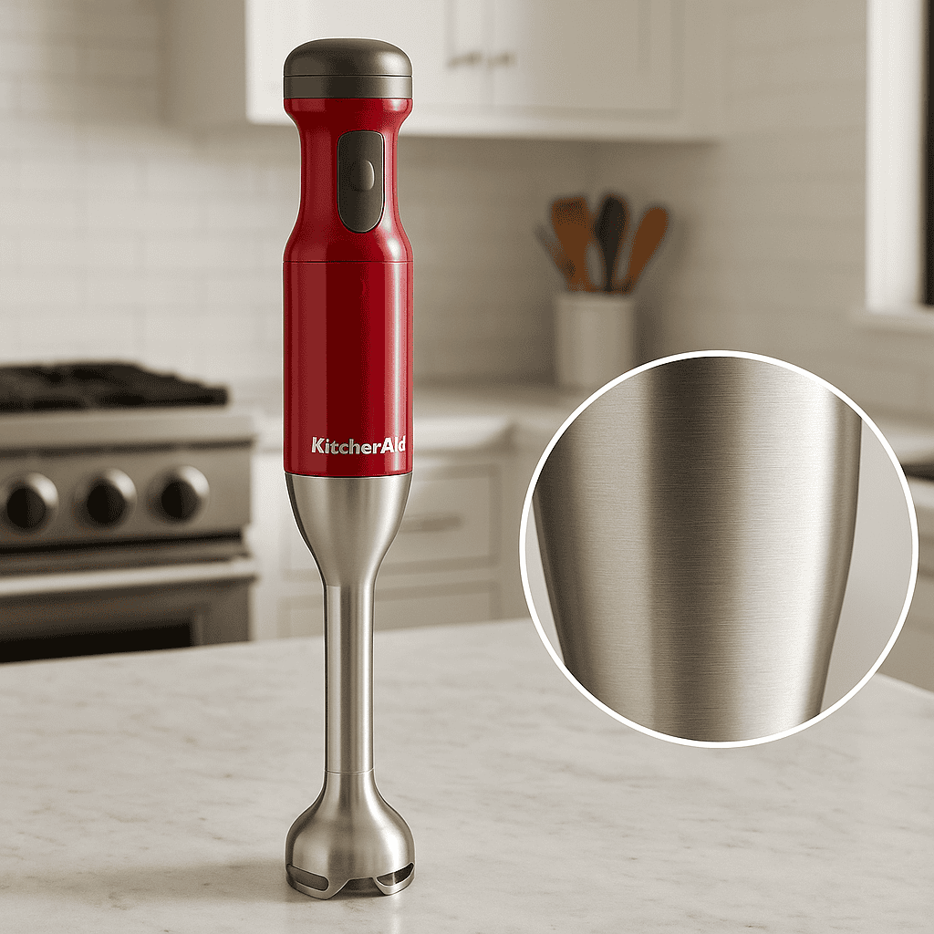 KitchenAid KHBV53 op designkeuken aanrecht, close-up van metalen finish