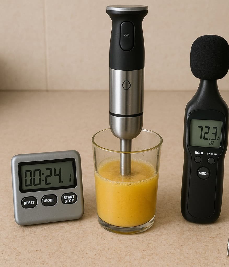 Testopstelling met stopwatch, decibelmeter en thermometer