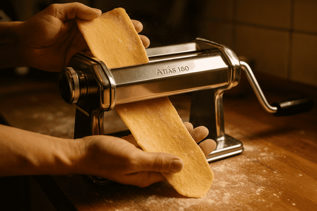 Close up hands feeding pasta dough through pasta machine rollers 1