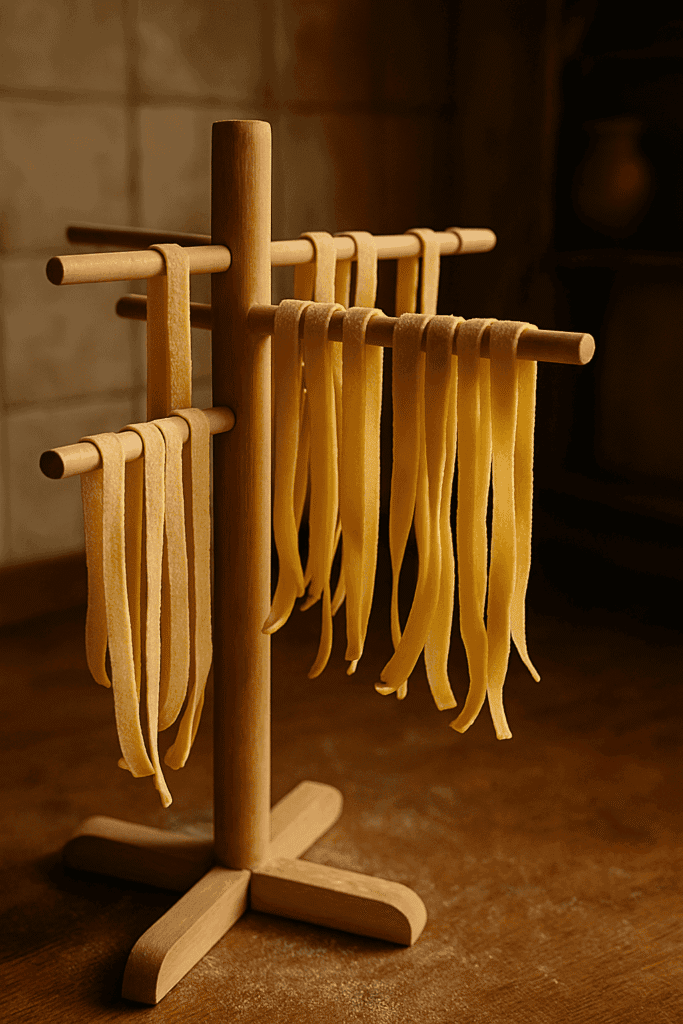 Fresh tagliatelle hanging on wooden pasta drying rack (1)