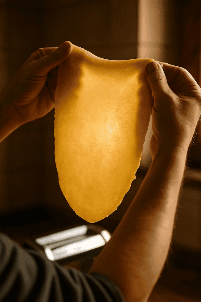 Pasta dough being stretched thin showing the 'window test' (1)