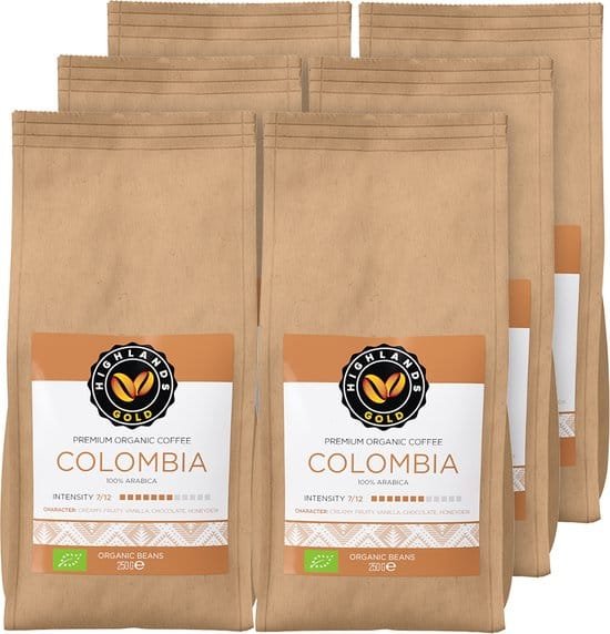 Highlands Gold - Colombia - Koffiebonen - Biologisch Koffiebonen - Single Origin - Arabica - 6 x 250g