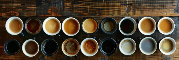 Een creatieve weergave van de verschillende espresso-varianten in kleurrijke kopjes.