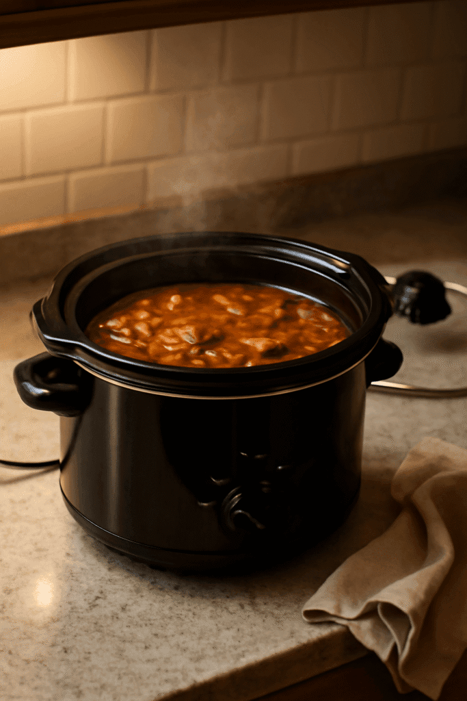 Warme keukenscene met slowcooker in gebruik