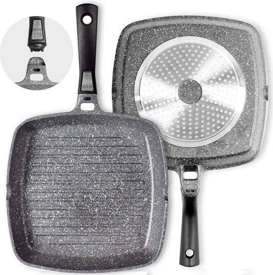 Coninx Grillpan Inductie 28cm - Steakpan Vleespan - Grill Pan met Afneembare Handgreep - PFAS-vrij - Geschikt voor alle Warmtebronnen - Bakpan Inductie - 28x28 CM - Extra Dikke Bodem