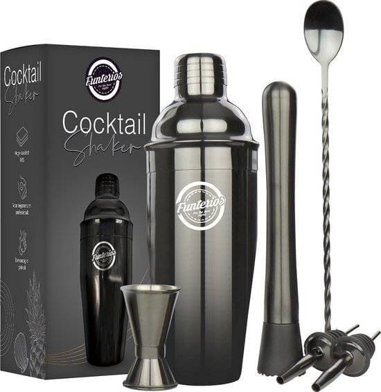 Funterios Cocktail Shaker Set met Maatbeker - 6 Delig - 750 ML - Inclusief Stamper - RVS - Zwart