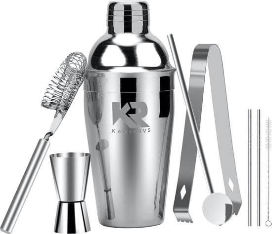 Keizer RVS Robuuste Kwaliteit Cocktailshaker Set RVS + 2 gratis RVS rietjes - 5 Delige Set - RVS Bar Shaker Set