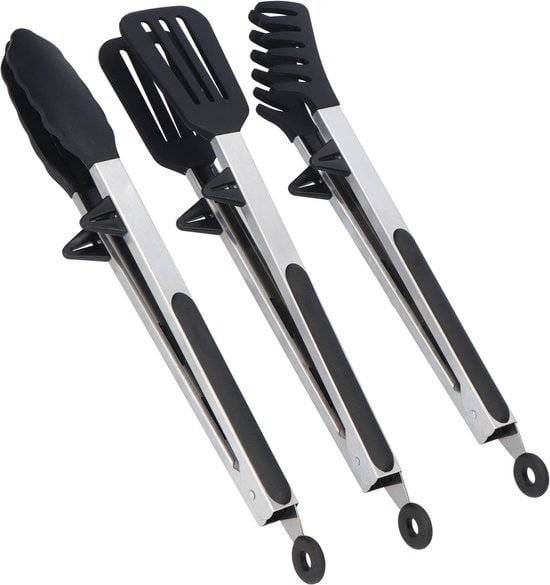 KitchenLove Vleestang - Keukentang - Set van 3 - Spaghettitang - BBQ Tang - Siliconen - Zwart