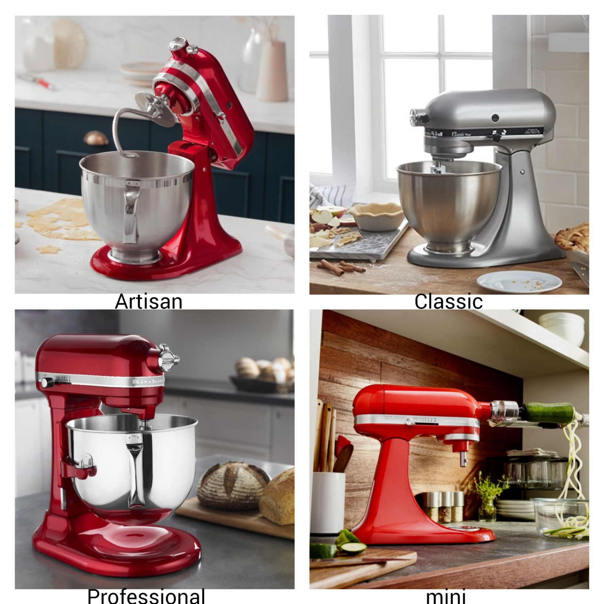 Verschillen KitchenAid Artisan, Classic, Mini & Professional