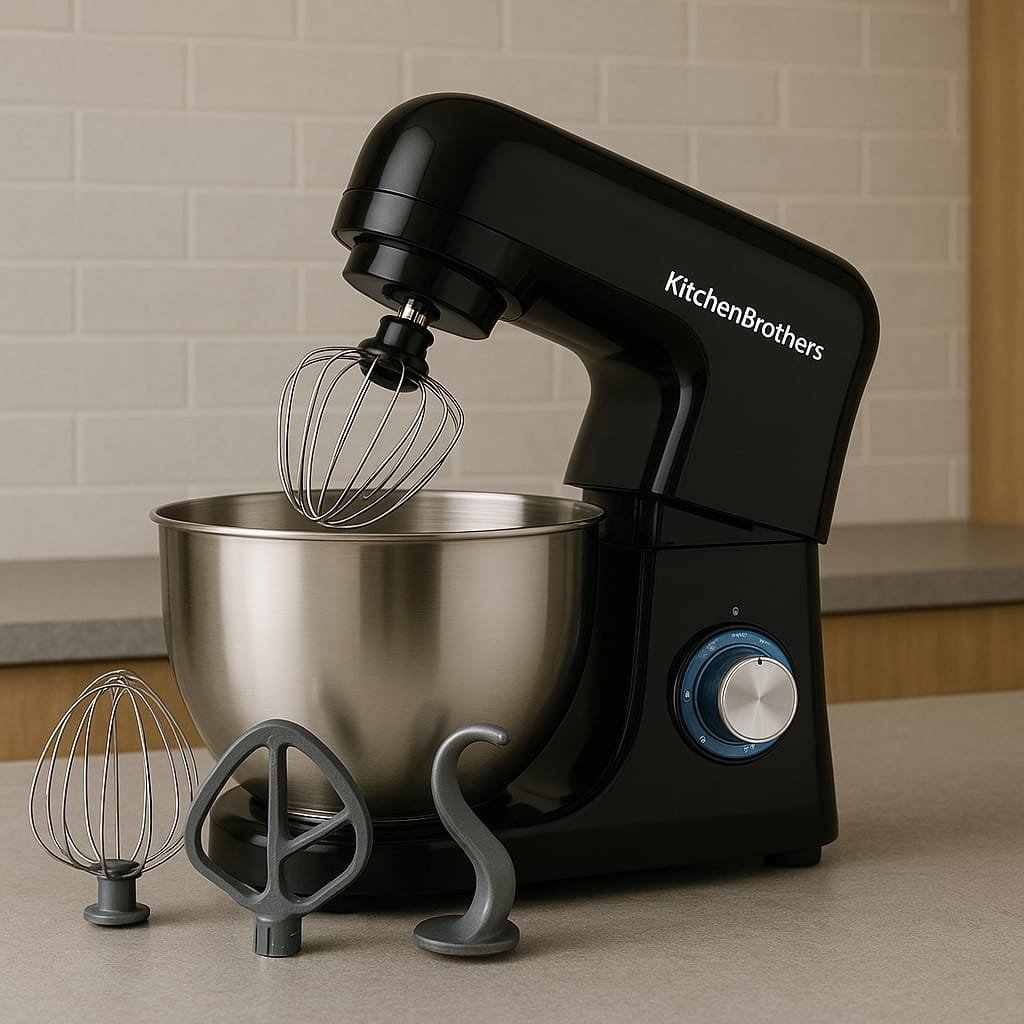 Afbeelding van KitchenBrothers keukenmachine op aanrecht met accessoires (gardes, haak, kom) netjes opgesteld. Gebruik een clean, goed belichte sfeer.