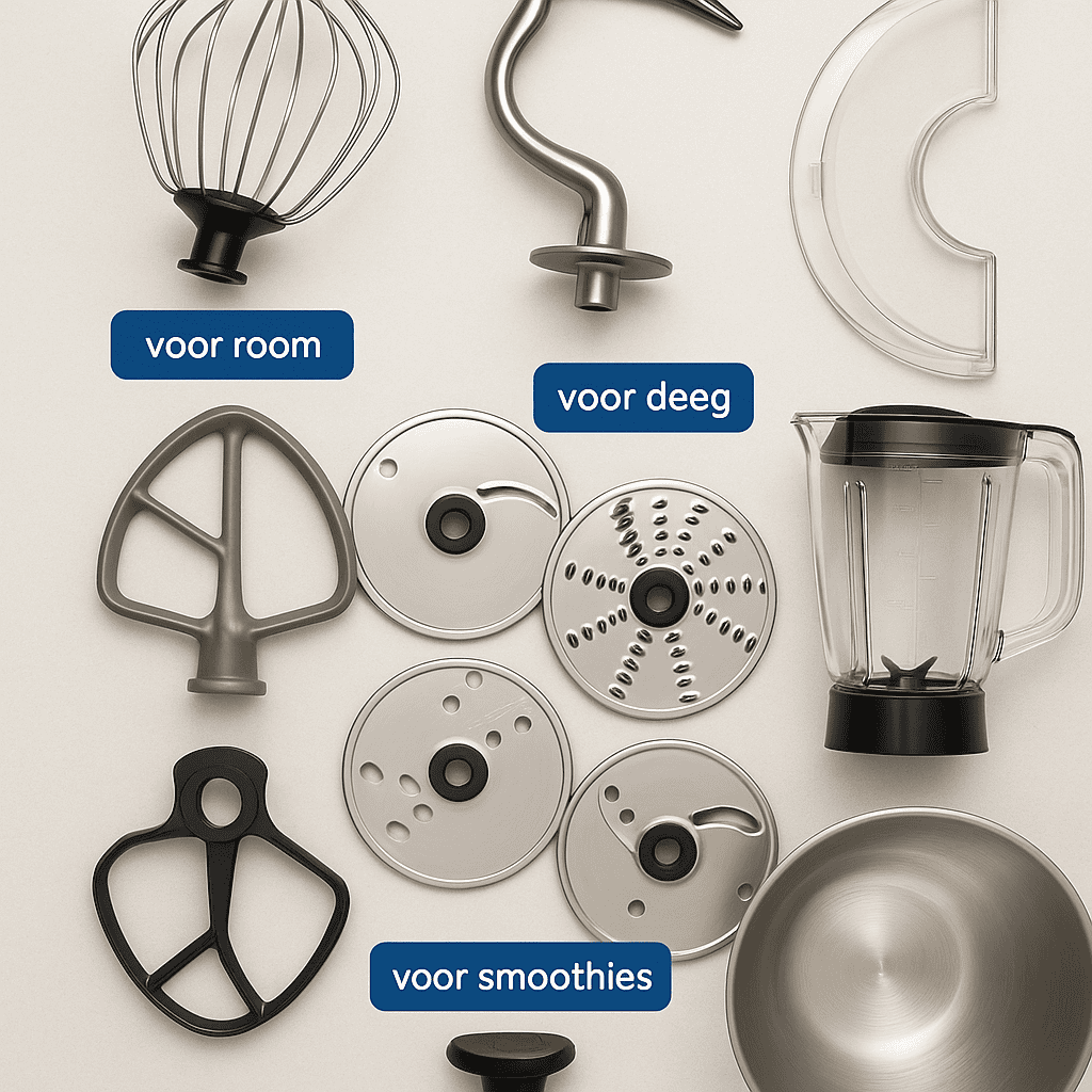 Afbeelding van alle accessoires uitgespreid: garde, deeghaak, snijschijven, blenderkan, etc