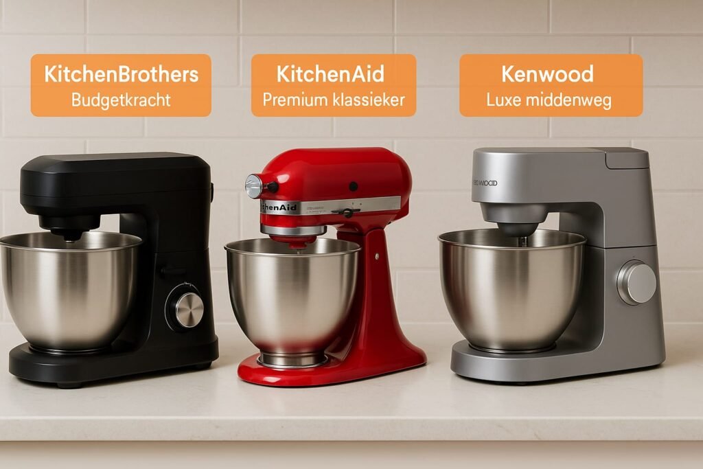 Afbeelding van de drie merken naast elkaar op aanrecht (gesimuleerd of collage). Voeg titels toe boven elk apparaat: “KitchenBrothers – Budgetkracht”, “KitchenAid – Premium klassieker”, “Kenwood – Luxe middenweg