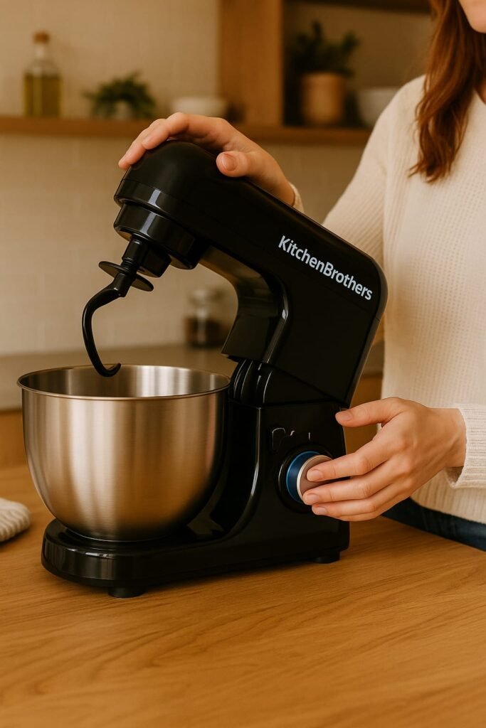 Foto van de machine in gebruik, hand tilt de kop open om ingrediënten toe te voegen.