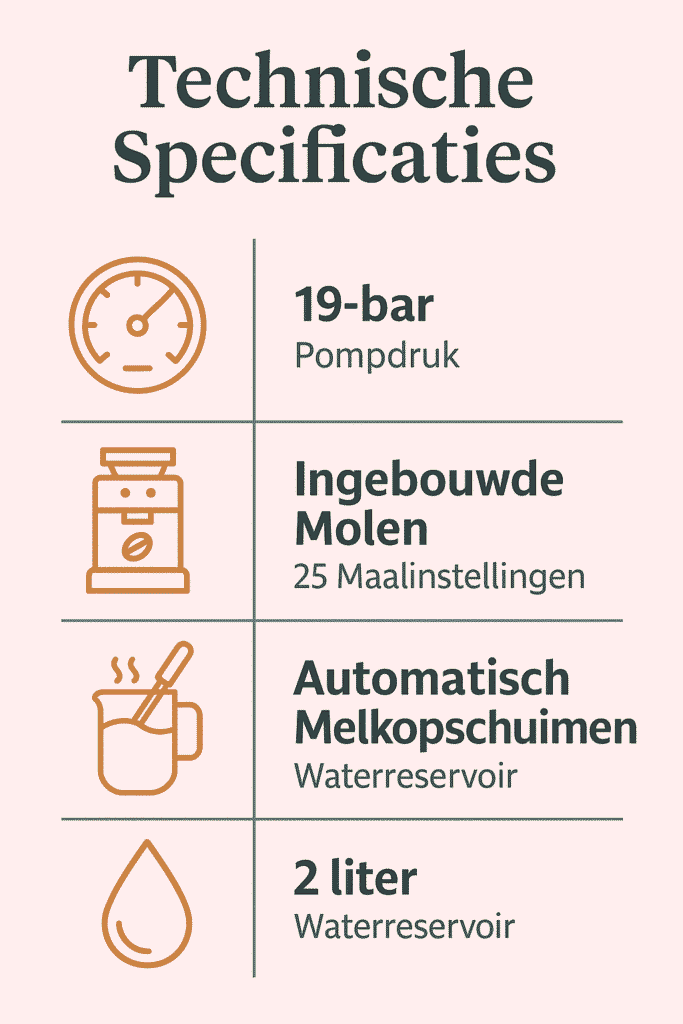 Een overzicht van de technische specificaties (zoals pompdruk, waterreservoir, automatische melkopschuimer, etc.).