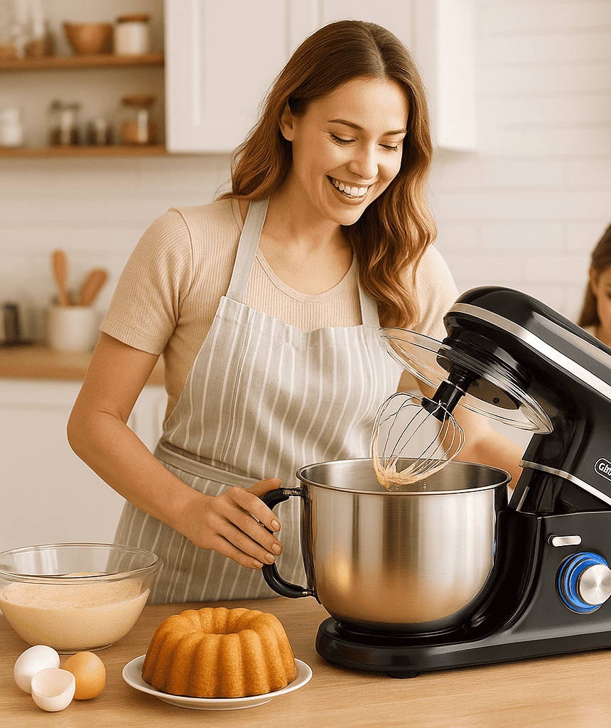Vrouw bakt cake in keuken met de Cheflee keukenmachine