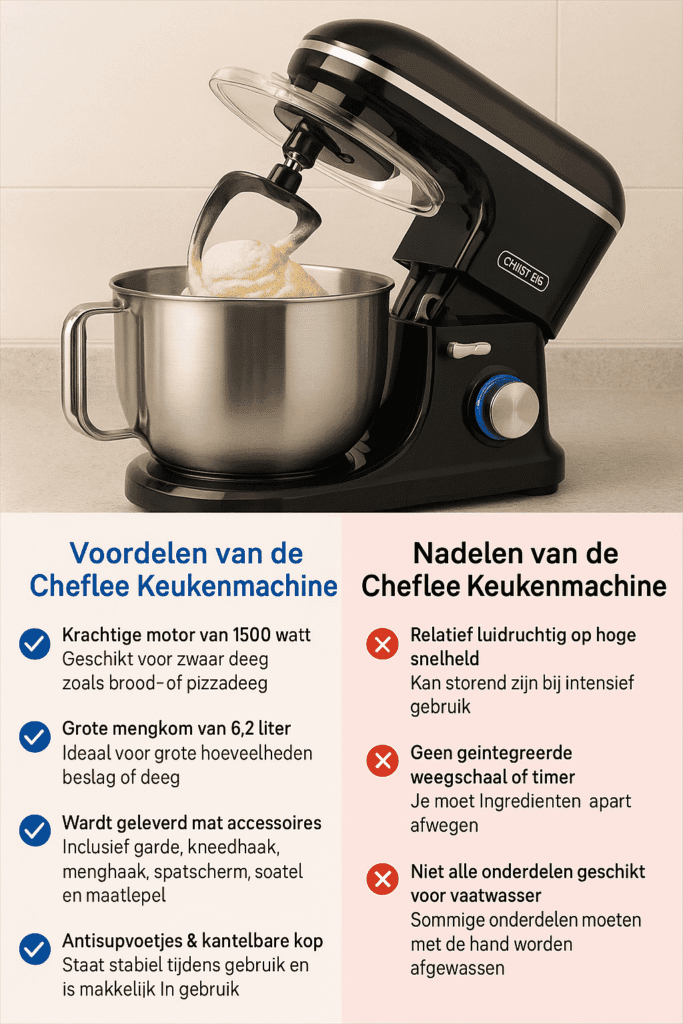 Infografiek van voor- en nadelen van de Cheflee keukenmachine