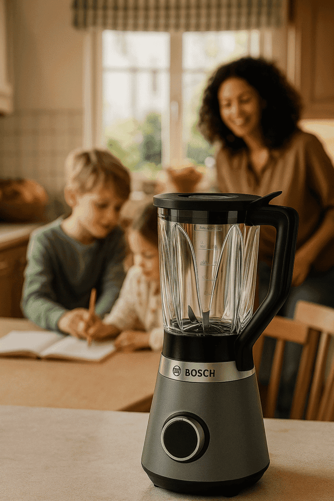 Bosch blender in gezinskeuke, kinderen op achtergrond, dagelijks gebruik scenario