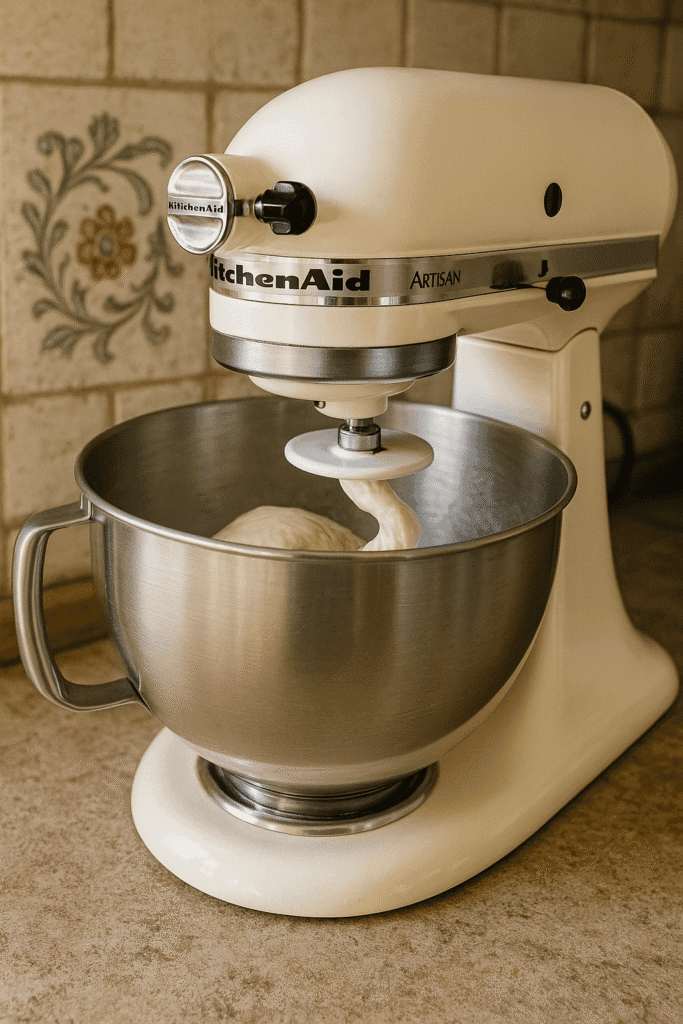KitchenAid Artisan in vintage keuken tijdens brooddeeg kneden