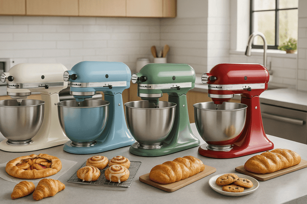 KitchenAid Artisan keukenmachine in verschillende kleuren op een moderne keuken aanrecht, met verse bakwaren eromheen