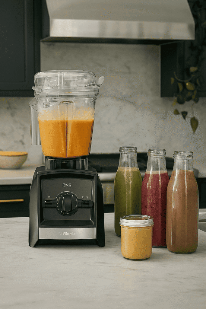 Luxe keuken met Vitamix A2500, verschillende kleurrijke smoothies en notenpasta