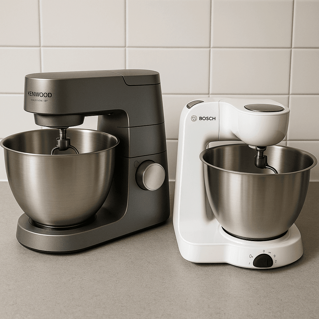 Mijn testopstelling - Kenwood Titanium Chef en Bosch MUM5 naast elkaar op het aanrecht