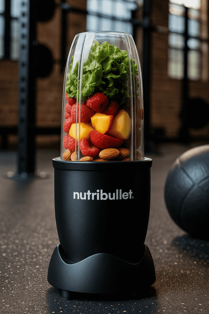 NutriBullet met sportieve setting, gym op achtergrond, gezonde ingrediënten