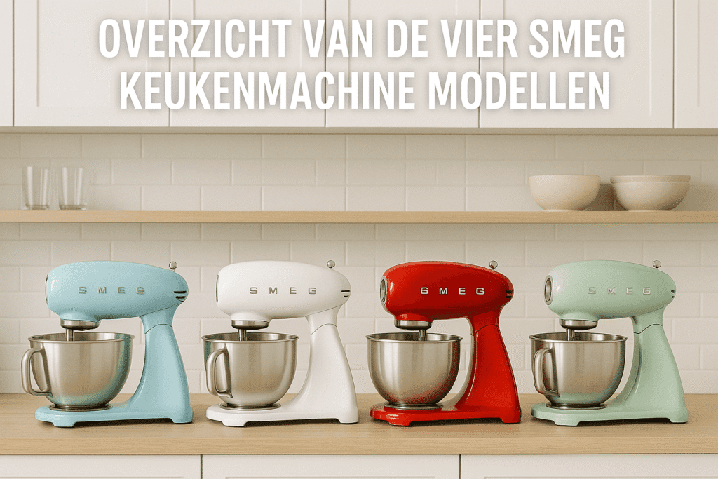 Overzicht van de vier Smeg keukenmachine modellen naast elkaar in een moderne keukenomgeving