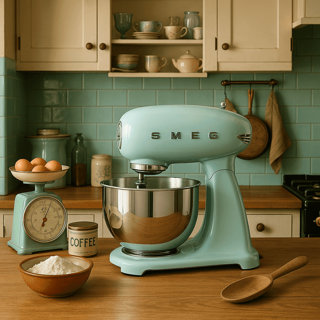 SMEG SMF01 in retro keukenomgeving met vintage accessoires