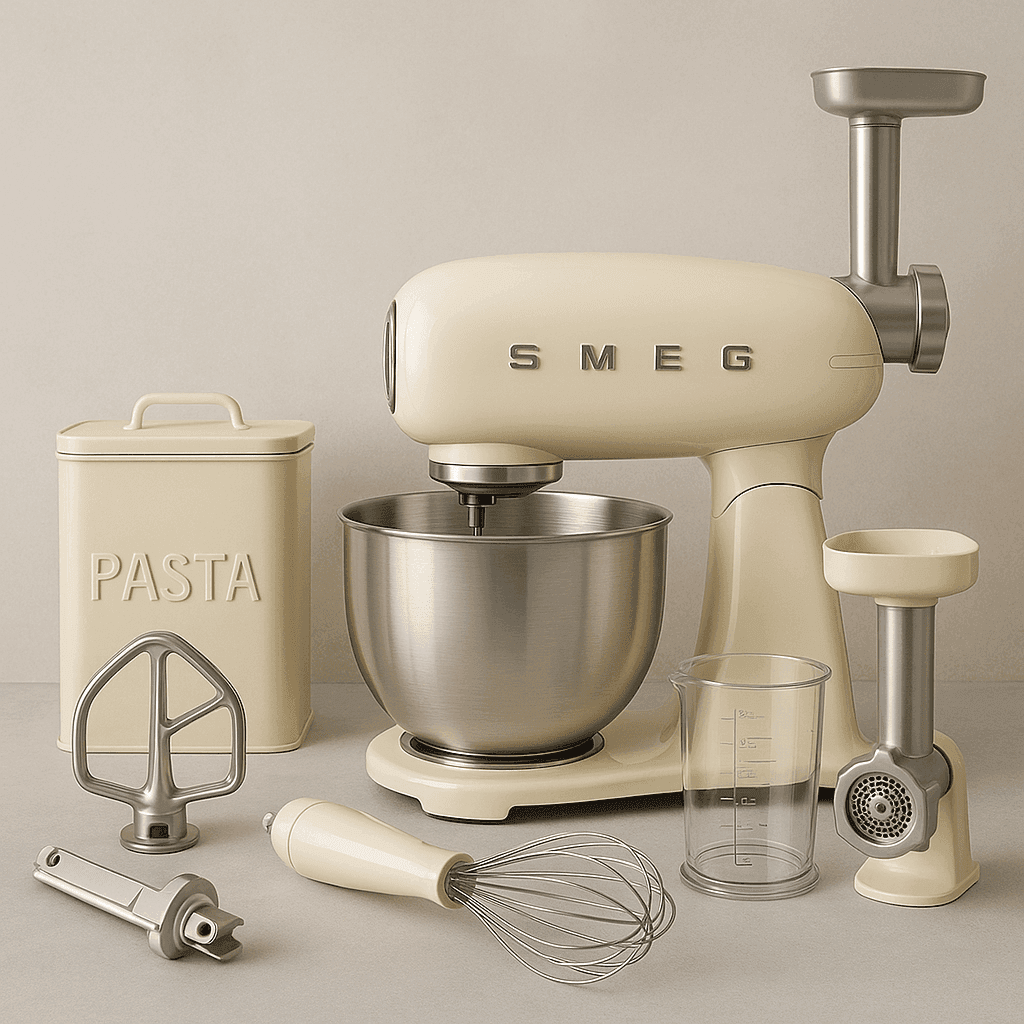 SMEG SMF03 met diverse accessoires uitgestald