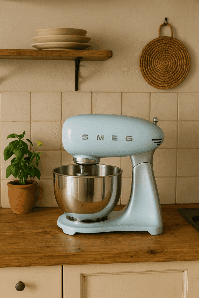 Smeg keukenmachine in vintage keukenomgeving