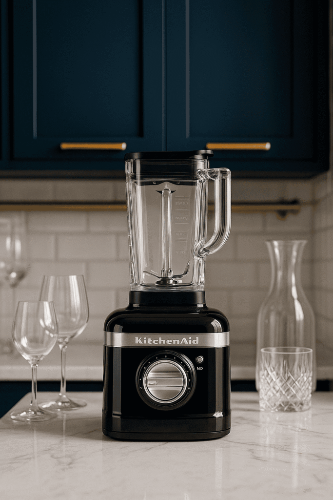 Stijlvolle keuken met KitchenAid K400 in iconische kleuren, elegante glaswerk