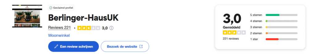 Trustpilot score grafiek toont Berlinger Haus slechte beoordeling 2.3/5 sterren met voorbeelden van klachten