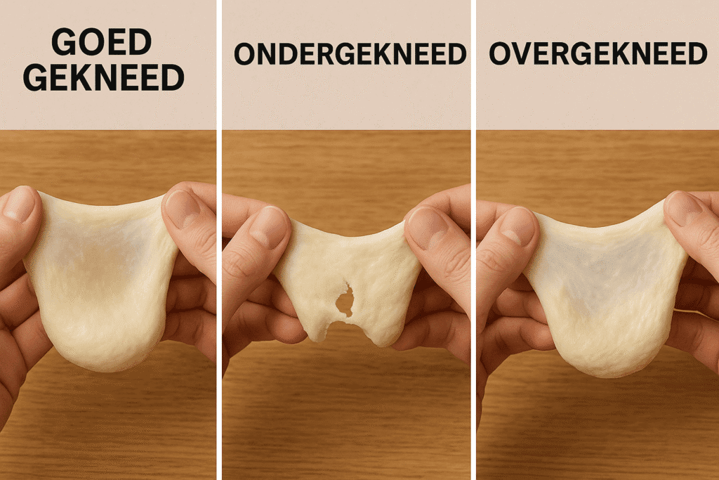 Vergelijking windowpane test - goed vs ondergekneed vs overgekneed deeg