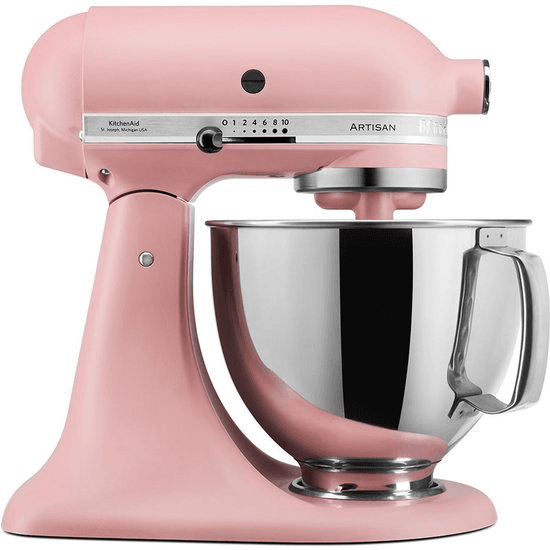 KitchenAid Artisan keukenmachine in Dried Rose kleur met draadgarde die perfecte slagroom maakt in RVS mengkom
