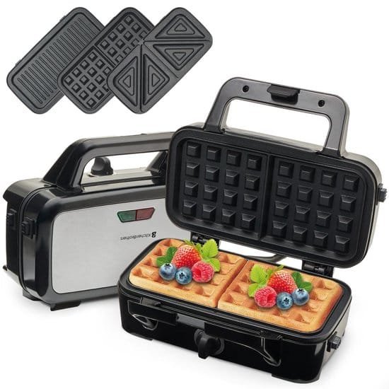 KitchenBrothers 3-in-1 Wafelijzer tosti apparaat contactgrill verwisselbare platen RVS