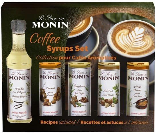 Monin koffiesiropen geschenkset 5 smaken amaretto hazelnoot karamel vanille gingerbread
